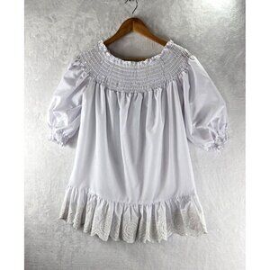 White Peasant Blouse Smocked Collar Women Sz M Eyelet Trim Boho Hippie Ren Fair